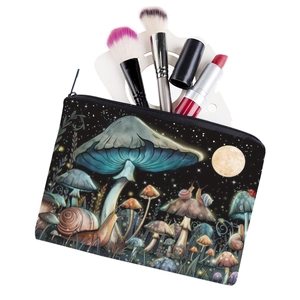 Trousse de maquillage carrée à imprimé champignons avec motif forêt et fermeture éclair