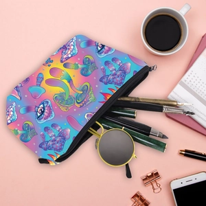 Detail of colorful mushroom toiletry bag with smooth metal zipper and artistic print