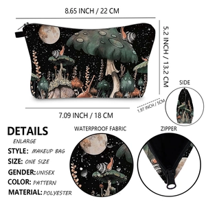 Detail view of colorful mushroom cosmetic bag showing zipper and durable polyester fabric