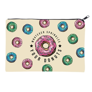 Close-up of square donut print makeup bag with whatever sprinkles your donuts text
