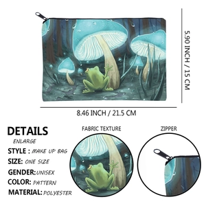 Polyester square makeup bag with colorful mushroom print and secure zipper closure