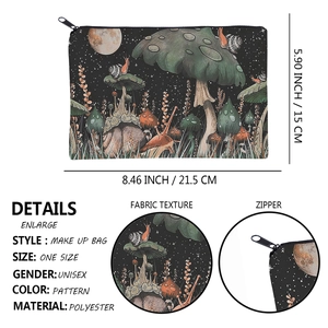 Square mushroom print makeup bag in polyester with vintage moon and snail illustration