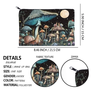 Trousse de maquillage carrée en polyester à motif champignons, taille 8,46x5,90 pouces
