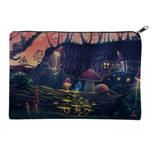 Detail of colorful mushroom and forest creature print on the square cosmetic bag
