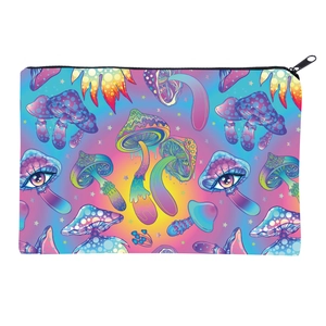 Detail view of psychedelic mushroom print makeup bag with durable black zipper closure