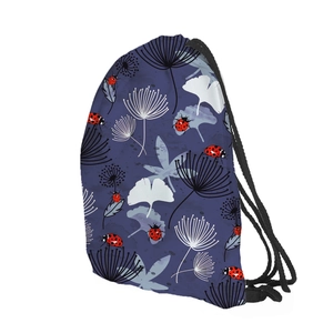 Detail view of drawstring backpack featuring digital dandelion and ladybug prints