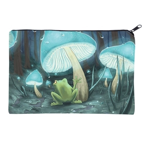 Detail of the mushroom and frog art print on a premium zippered square makeup bag