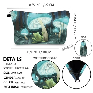 Detailed views of mushroom toiletry bag showing size specs and waterproof metal zipper