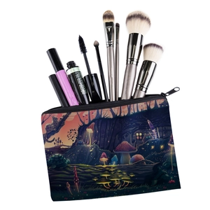 Square mushroom print makeup bag with forest kitten design and cosmetics storage