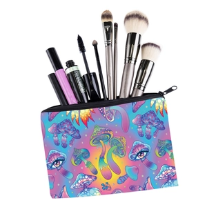Colorful mushroom print square makeup bag with portable zipper for travel storage