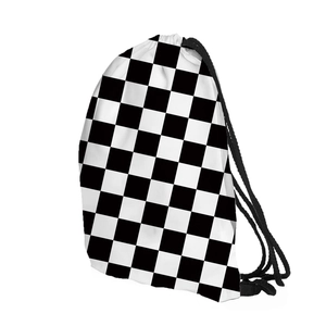 Detail of black and white checkerboard drawstring backpack with woven ropes for travel
