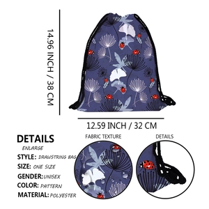 Unisex polyester drawstring bag featuring blue dandelion and ladybug print 38x32cm