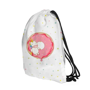 Detailed view of the unicorn printing on the drawstring backpack with donut motif