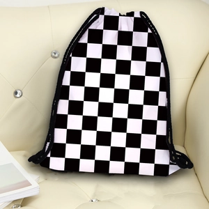 Women's drawstring backpack featuring a stylish black and white checkerboard print design