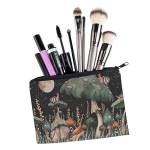 Square mushroom print makeup bag with cosmetics showing its large storage capacity