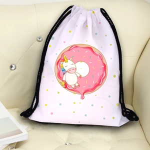 White drawstring backpack with digital unicorn and donut print on high-quality fabric