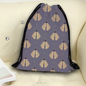 Women's drawstring backpack with purple moth digital print and black thick woven ropes