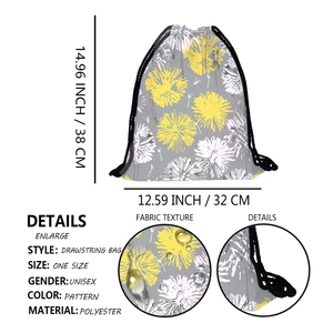 Unisex grey drawstring backpack with yellow dandelion print made of durable polyester