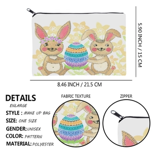Polyester makeup bag with bunny print featuring size chart and detailed fabric close-ups