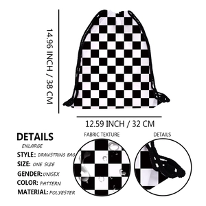 Water-resistant black and white checkered drawstring backpack made of polyester fabric