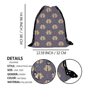 Unisex drawstring backpack with firefly digital print and size guide dimensions