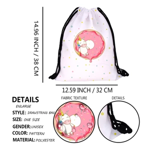 Drawstring backpack featuring unicorn on doughnut print for outdoor travel and sports