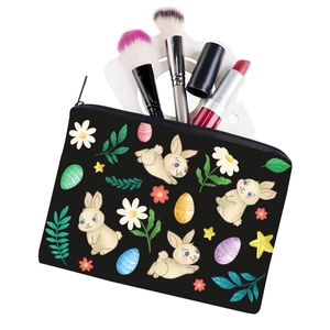 Square bunny print makeup bag with zipper featuring Easter eggs and cute floral patterns