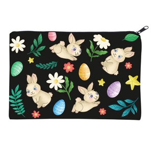 Square black bunny pattern makeup bag for travel with colorful Easter eggs print