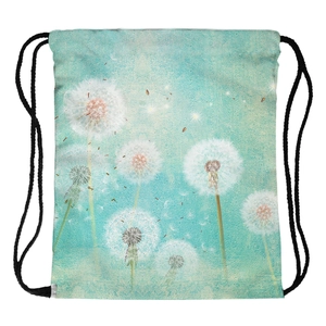Women Drawstring Backpack Polyester Dandelion Print Water Resistant Sports Sackpack For Travel Outdoor Casual Bag
