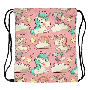 Portable Polyester Drawstring Backpack For Women Cartoon Unicorn Rainbow Printed Cinch Bag For Outdoor Travel Sports