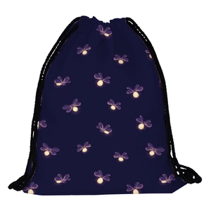 Navy blue drawstring bag with glowing purple firefly patterns for outdoor travel and sports