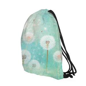Close-up of dandelion print on light blue drawstring backpack with durable black cords