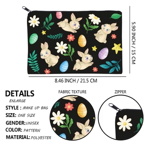 Square black bunny print makeup bag with floral patterns and zipper closure, size 21.5x15cm