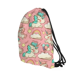 Detail of pink unicorn print drawstring backpack showing soft fabric and cute patterns