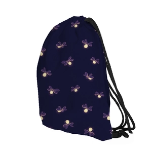 Detail view of the drawstring backpack with digital firefly print on durable fabric