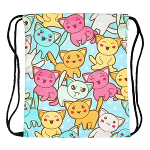 Cute Cartoon Cat Print Drawstring Backpack For Women Lightweight Polyester Storage Bag Casual Outdoor Travel School Backpack