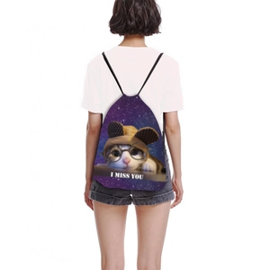 Women's drawstring backpack featuring a purple starry sky and cute cat with hat and glasses