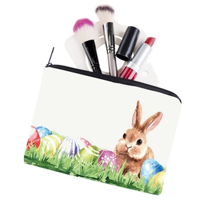 Watercolor Easter bunny print square makeup bag with floral eggs and black zipper