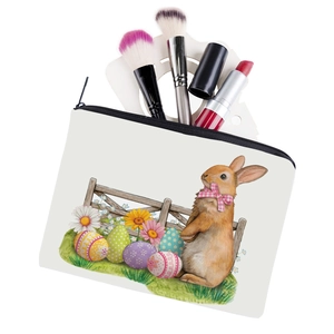 White square makeup bag with Easter bunny print and cosmetics tools storage