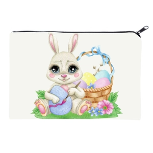Square rabbit print makeup bag made of white canvas with Easter watercolor design and zipper