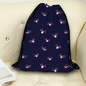 Deep blue drawstring backpack with glowing firefly digital print for outdoor travel