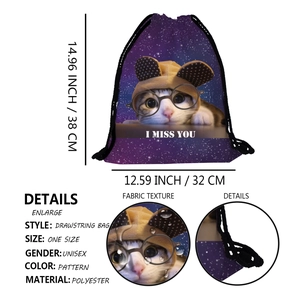 Drawstring bag with cute cosmic cat print and 38x32cm dimensions for outdoor travel