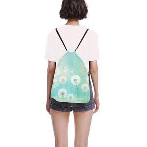 Light blue drawstring backpack featuring realistic white dandelion print for travel