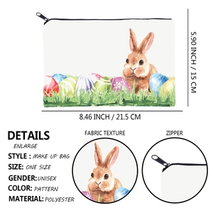 Polyester square makeup bag with Easter bunny print and size dimensions of 21.5x15cm