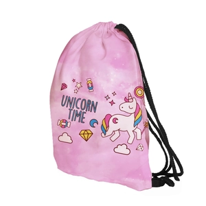 Close-up of pink drawstring bag featuring unicorn prints and sturdy black ropes