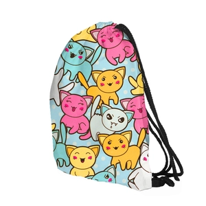 Detail of a drawstring backpack with colorful cartoon cat print and light blue polka dots