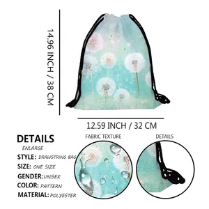 Women's outdoor drawstring backpack with blue dandelion print and waterproof polyester fabric