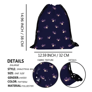 Waterproof polyester drawstring backpack featuring digital firefly print for outdoor travel