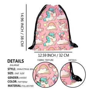 Pink drawstring backpack with unicorn print and waterproof fabric details for travel