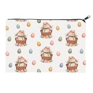 Square portable cosmetic bag with cute Easter bunny and colorful eggs printed on canvas